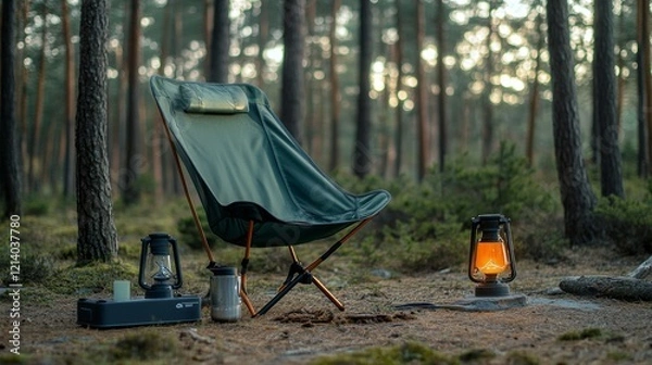 Fototapeta Minimal camping setup with portable coffee maker, gas stove, lantern, and green chair in a forest.