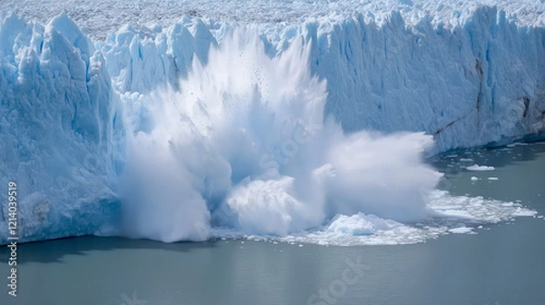 Fototapeta Massive iceberg collapses into ocean creating splash of icy water and displaying natures power and majestic landscape