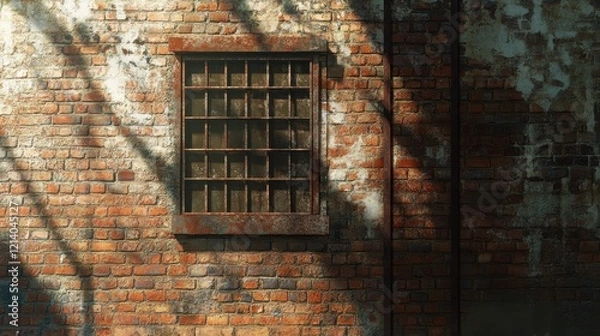 Fototapeta Weathered Brick Wall with Rusty Window and Shadow.
