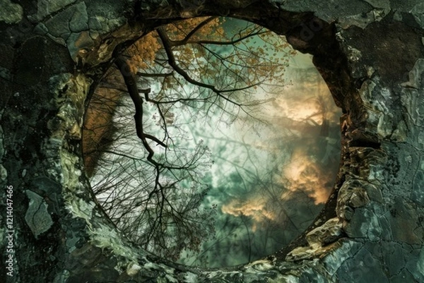 Fototapeta Autumn forest with colorful leaves and cloudy sky visible through a hole in a broken concrete wall