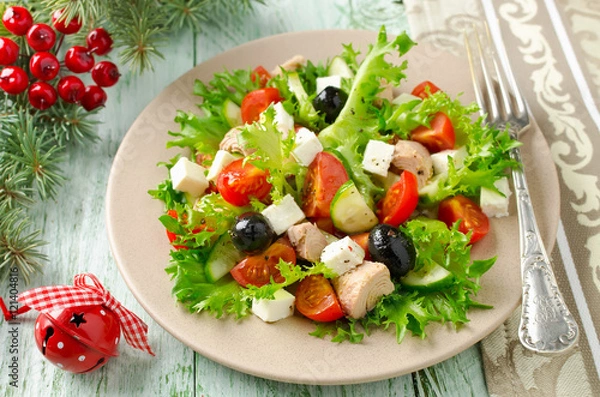 Fototapeta Fresh salad with tuna, tomatoes and cucumbers