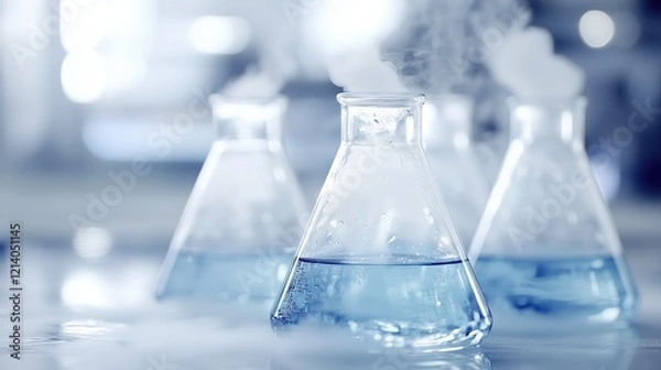 Obraz Fume-filled laboratory with glass flasks containing blue liquid on a tabletop during a scientific experiment