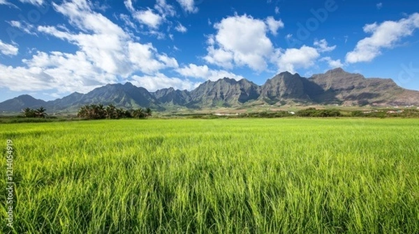 Fototapeta Serene Green Field with Mountain View