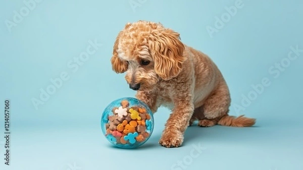 Fototapeta Dog playtime routines concept Dog playing with a colorful treat ball on a blue background.