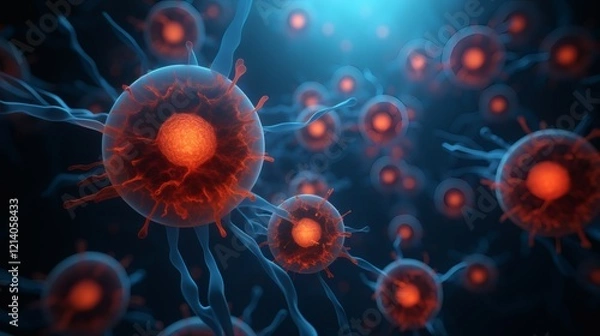 Fototapeta Microscopic view of red and blue cells displaying intricate structures in a dark environment during a scientific study