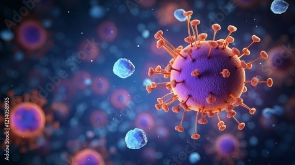 Fototapeta Colorful depiction of virus structure with immune cells in microscopic environment