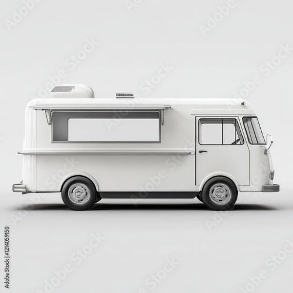 Fototapeta Blank white food truck mockup, side view, isolated on transparent background, 3D rendering