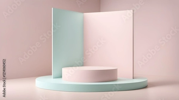 Fototapeta Pastel pink and mint green geometric display stand with blank space for product placement.