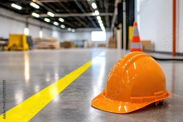 Fototapeta Orange hard hat on warehouse floor with yellow line and blurred background of industrial space