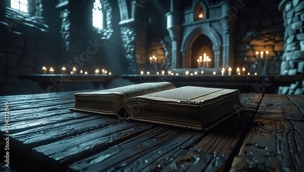 Fototapeta A dark medieval castle library with ancient scrolls old dusty books and a single