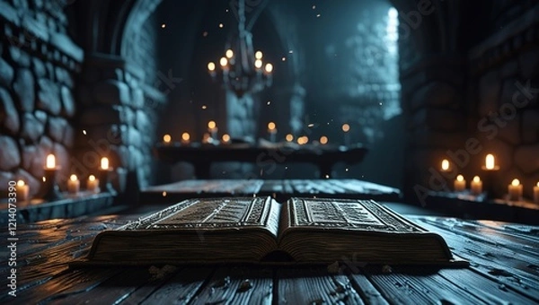 Fototapeta A dark medieval castle library with ancient scrolls old dusty books and a single