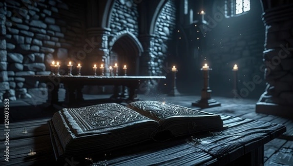 Fototapeta A dark medieval castle library with ancient scrolls old dusty books and a single