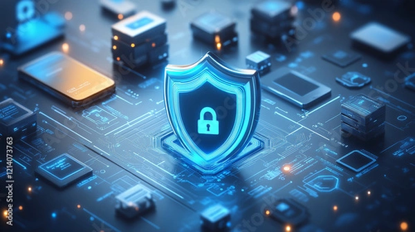 Fototapeta Digital security symbol and padlock icon, which represents the essence of protecting and securing digital assets and information against unauthorized access, cyber threats, and malicious activities an