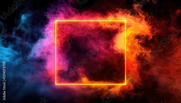 Fototapeta Abstract illuminated neon square frame surrounded by colorful smoke on a dark background,