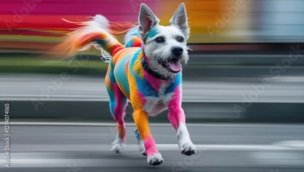 Fototapeta a cute white dog running in the street and a blurred atmosphere painted in many colours