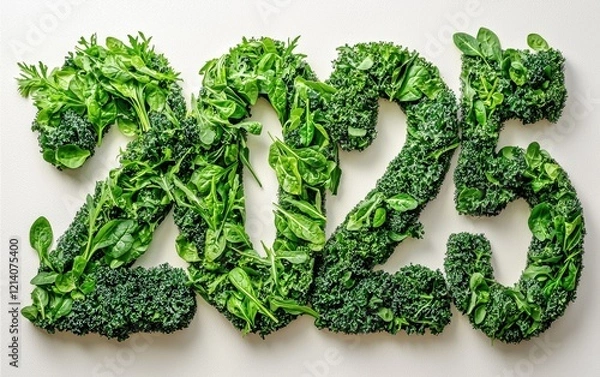Fototapeta 2025 sculpted with leafy greens, including spinach, arugula, and kale, set against a white background