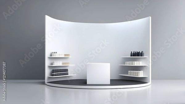Fototapeta Modern minimalist curved white product display stand with shelves showcasing various bottles and containers against a gray background.
