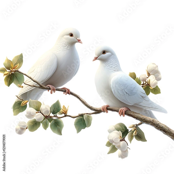 Fototapeta Two White Doves Perched On A Tree Branch isolated on transparent background