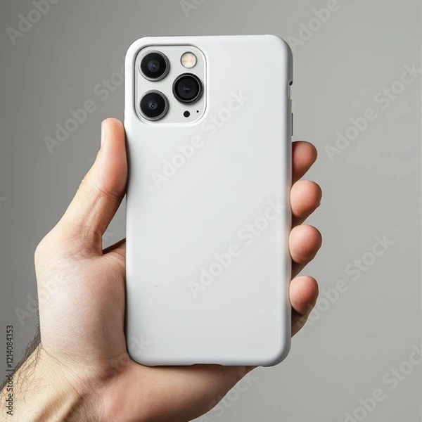 Fototapeta Man Hand holding a blank white phone case mockup, isolated on transparent background, 3D rendering