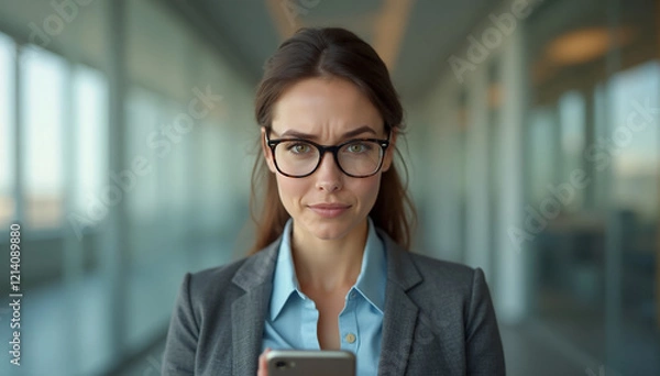 Fototapeta A professional businesswoman in her mid 30s holds a smartphone in her hand, her posture conveying disappointment and frustration as she stares directly into the camera