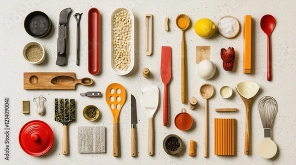 Fototapeta Kitchen utensils and ingredients flat lay arrangement on speckled surface for cooking concept