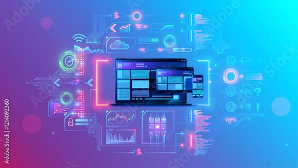 Fototapeta Web development and coding. Cross platform development website. Adaptive layout internet page or web interface on screen laptop, tablet and phone. Web design concept illustration. Software development