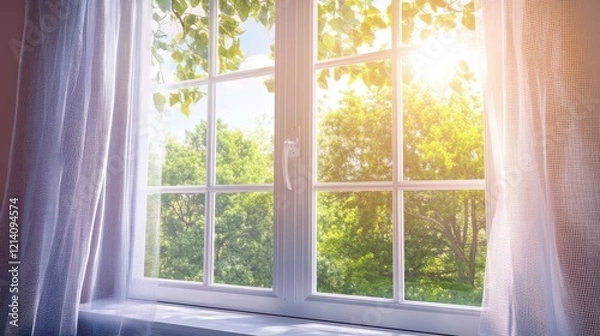 Fototapeta Sunlit Window with Sheer Curtains and Lush Green Trees.