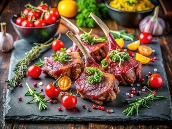Fototapeta Grilled Lamb Chops with Herbs and Cherry Tomatoes on Slate