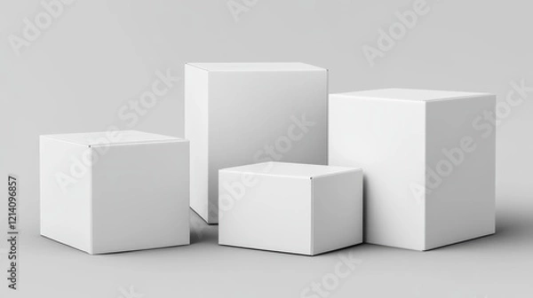 Obraz Minimalist composition of three blank white boxes on a gray background, ideal for product packaging or design mockups.