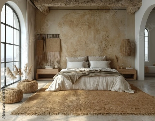 Fototapeta Nomadic style bedroom interior background, 3D render
