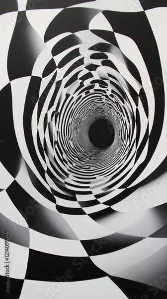 Obraz Black and White Optical Illusion with Checkered Vortex Design