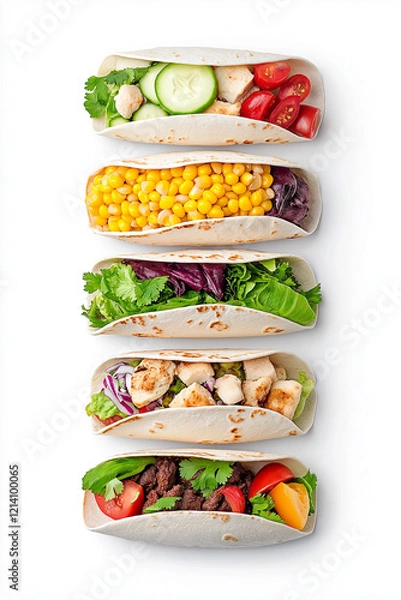 Fototapeta Floating corn tortillas with various fillings, isolated on white background.