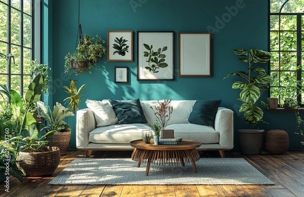 Fototapeta A modern living room interior mock-up featuring a blue sofa, a wooden table, and various decor elements, presented as a 3D render