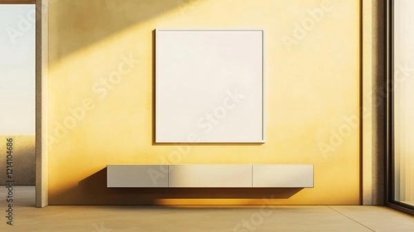 Fototapeta A sleek and artistic interior with a blank white frame on a gradient beige, yellow, wall, complemented by a minimalist credenza.