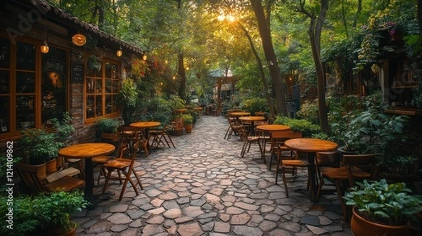 Obraz Serene Garden Cafe: Picturesque Pathway with Wooden Tables and Lush Greenery