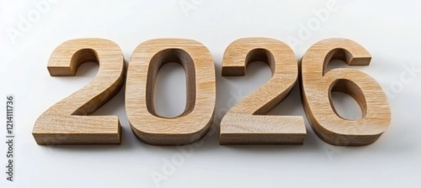 Fototapeta Wooden Numbers 2026 On A White Background, Happy New Year, Flat Lay, Top View, Layout