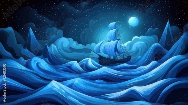 Fototapeta Midnight Voyage: A lone sailing ship navigates a sea of swirling, sapphire waves under a full moon and starlit sky, evoking a sense of mystery and adventure. 