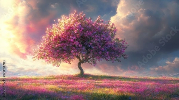 Fototapeta Solitary Blossom: A majestic pink cherry tree in full bloom stands alone on a hill, bathed in the warm light of a dramatic sunset, surrounded by a field of wildflowers. The clouds swirl with color.