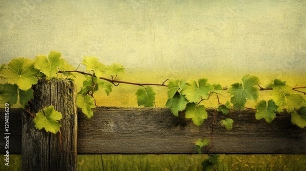Fototapeta Vine-Covered Fence:  A rustic wooden fence is draped with lush green grapevines, creating a tranquil and nostalgic scene. The vine's tendrils intertwine with the weathered wood.