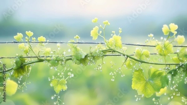 Fototapeta Vine Tendrils After the Rain: Delicate green vine tendrils with tiny white flowers cling to a wire fence, glistening with raindrops, set against a soft, blurry background of vibrant yellow blossoms.