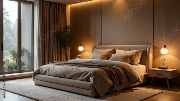 Fototapeta Serenity in a modern bedroom with soft textures and warm lighting creating a cozy retreat