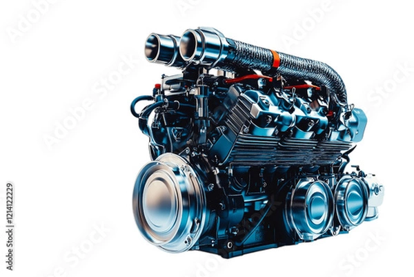 Fototapeta Powerful V8 Engine Close Up. High Performance Automotive Technology Isolated on transparent Background