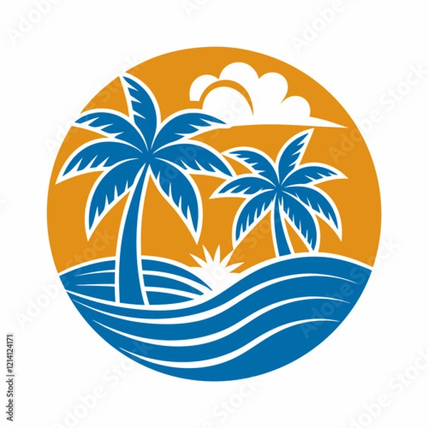 Fototapeta Two palm trees stand against a vibrant sunset, framed by a circular design that incorporates waves and a bright sun