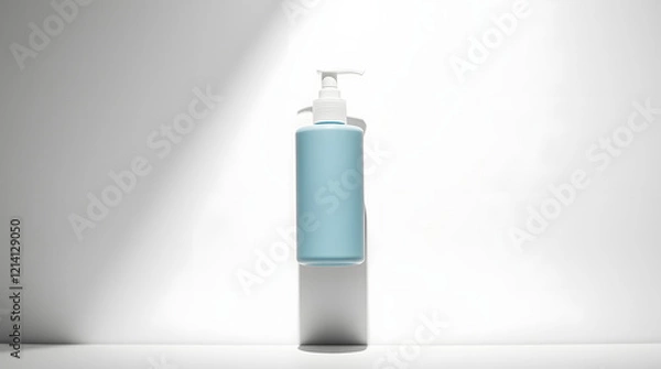 Fototapeta Classic black and white product photography, featuring strong hard light and sharp shadows. A pastel blue body lotion bottle with dispenser, suspended in mid-air. Medium-format 85mm lens, sharp focus,