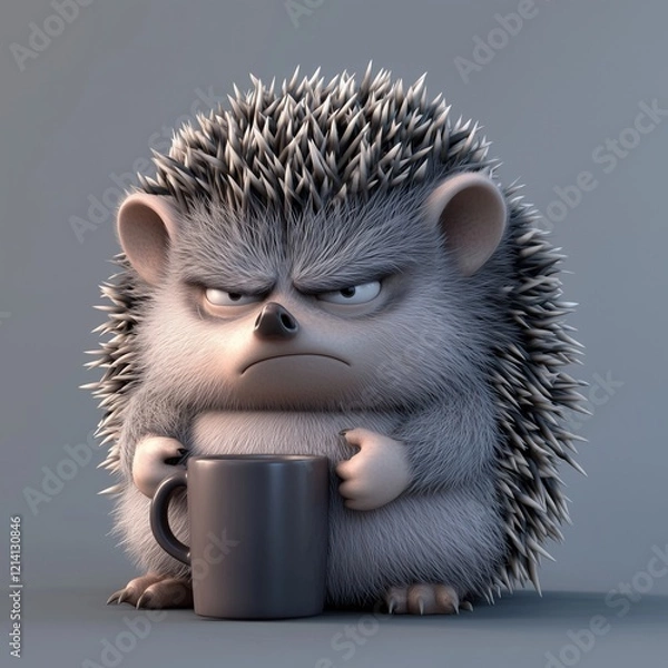 Obraz A grumpy 3D cartoon hedgehog with a coffee mug.