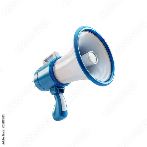 Fototapeta Blue Megaphone Announcement: A vibrant blue and white megaphone, angled dynamically, ready to broadcast an important message.  The clean design emphasizes clarity and communication. 