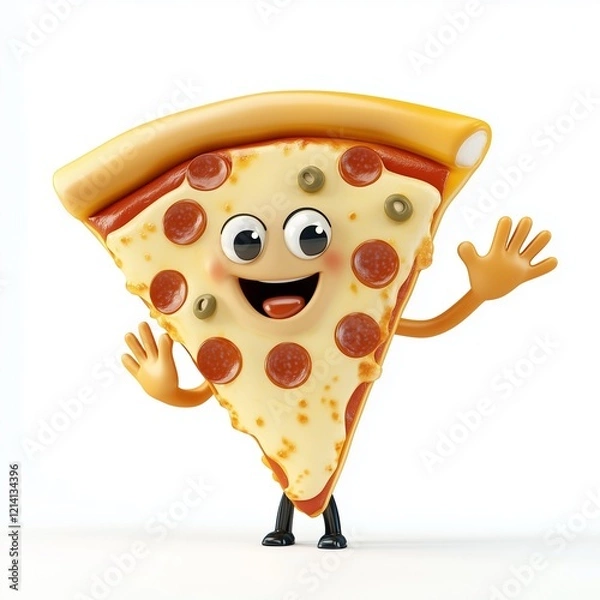 Obraz A lively 3D cartoon pizza slice waving happily.