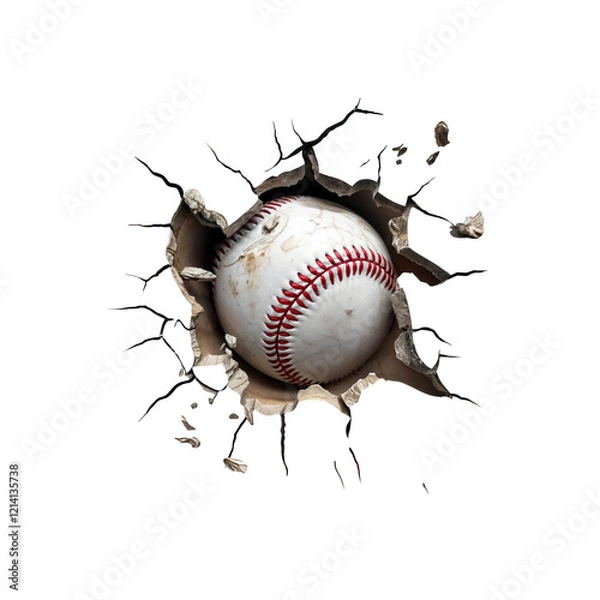 Fototapeta Baseball Crashing Through Wall: A powerful baseball bursts through a concrete wall, leaving a dramatic crack pattern in its wake. This image conveys power, strength, and breaking through barriers. 