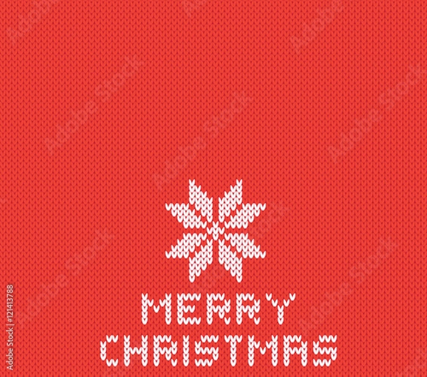 Obraz Red knitted Christmas background with white snowflake. Vector illustration EPS 10