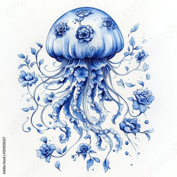Obraz Elegant Blue Floral Jellyfish with Intricate Porcelain Patterns in the Toile De Jouy style